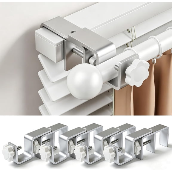 No Drill Curtain Rod Brackets for Outside-Mount Blinds, Tool-Free Over-Blind Curtain Rod Holders, Fits 1-2" Rectangular Headrails, No Wall Damage, Renter Friendly Window Hardware, 4 Pack,Silver