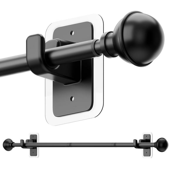 No Drill Curtain Rods for Window 28 to 47 Inches, 5/8 Inch Diameter Renter Friendly Drapery Rod with Adhesive Brackets without Drilling, Adjustable from 27 to 52 Inches, Black