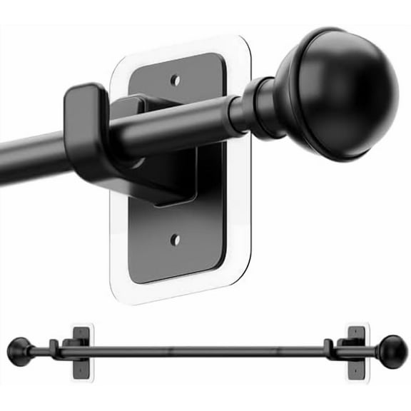 No Drill Curtain Rods for Window 28 to 47 Inches, 5/8 Inch Diameter Renter Friendly Drapery Rod with Adhesive Brackets without Drilling, Adjustable from 27 to 52 Inches, Black
