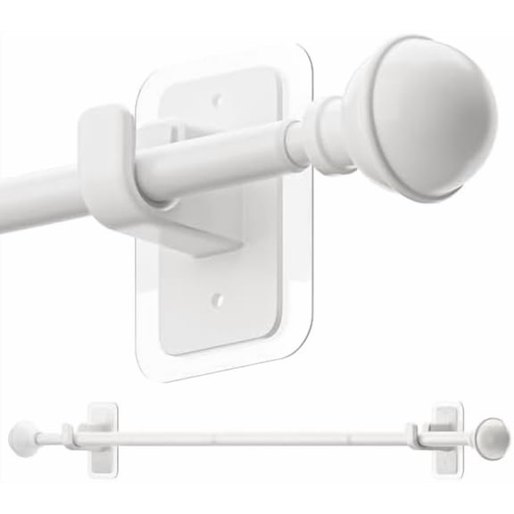 No Drill Curtain Rods for Window 28 to 47 Inches, 5/8 Inch Diameter Renter Friendly Drapery Rod with Adhesive Brackets without Drilling, Adjustable from 27 to 52 Inches, White