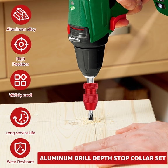 Drill Depth Stop Kit Adjustable Aluminum Alloy Woodworking Tool Heavy-Duty Precision Control Inner Diameter for DIY Wood Metal Plastic Tile Drilling Tasks