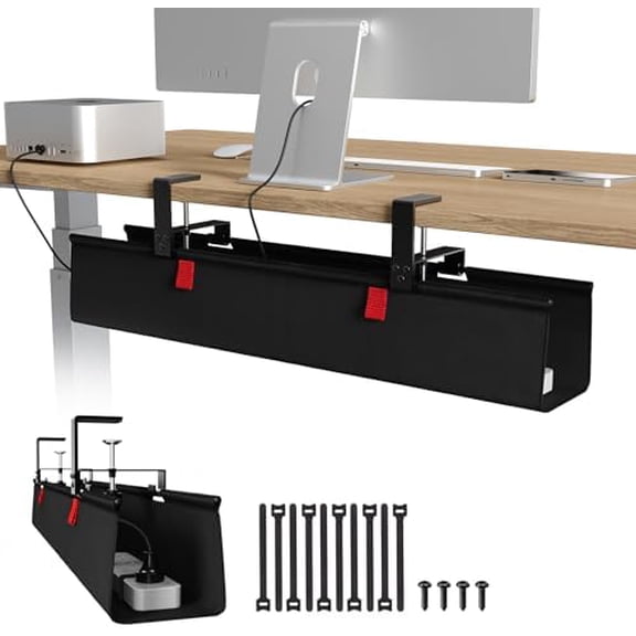 No Drill Under Desk Cable Management Tray, 28" Cord Organizer for Table, Clamp/Screw Mount Desk Cable Management, Premium Fabric Cable Management Tray for Office, Home