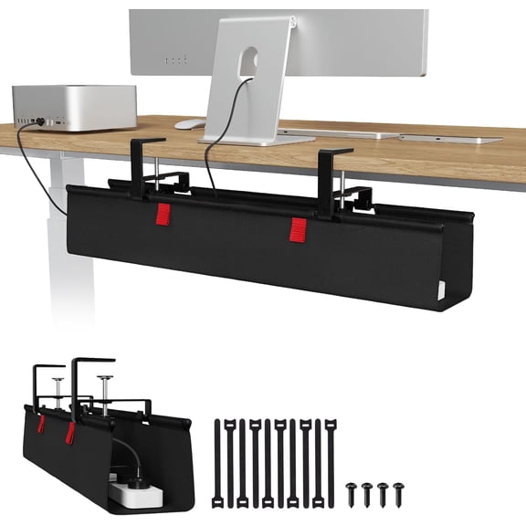 No Drill Under Desk Cable Management Tray, 28" Cord Organizer for Table, Clamp/Screw Mount Desk Cable Management, Premium Fabric Cable Management Tray for Office, Home