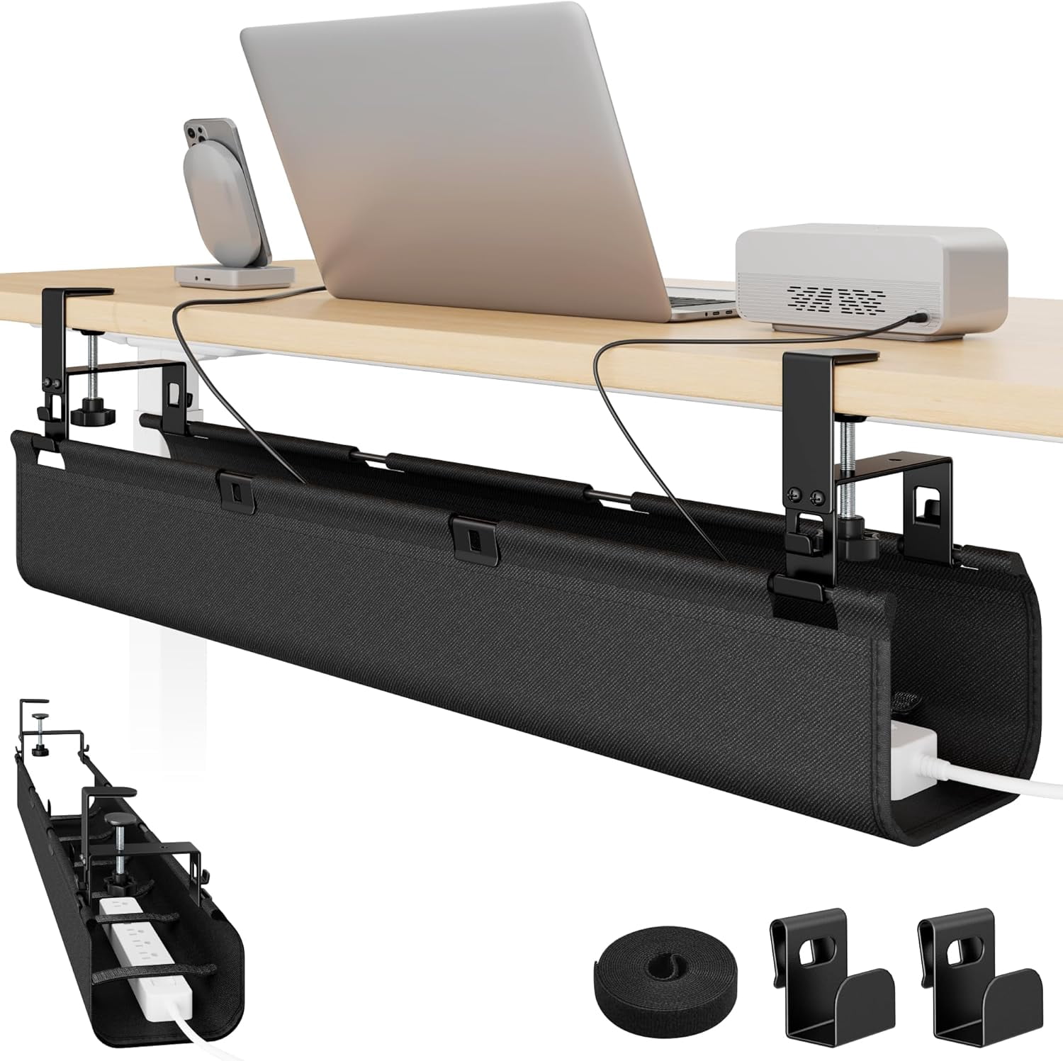 No Drill Under Desk Cable Management Tray, 31.5" Clamp Mount Desk Cable Organizer, Large Capacity Fabric Cord Management for Power Strips & Wires, Under Desk Wire Management for Office & Home
