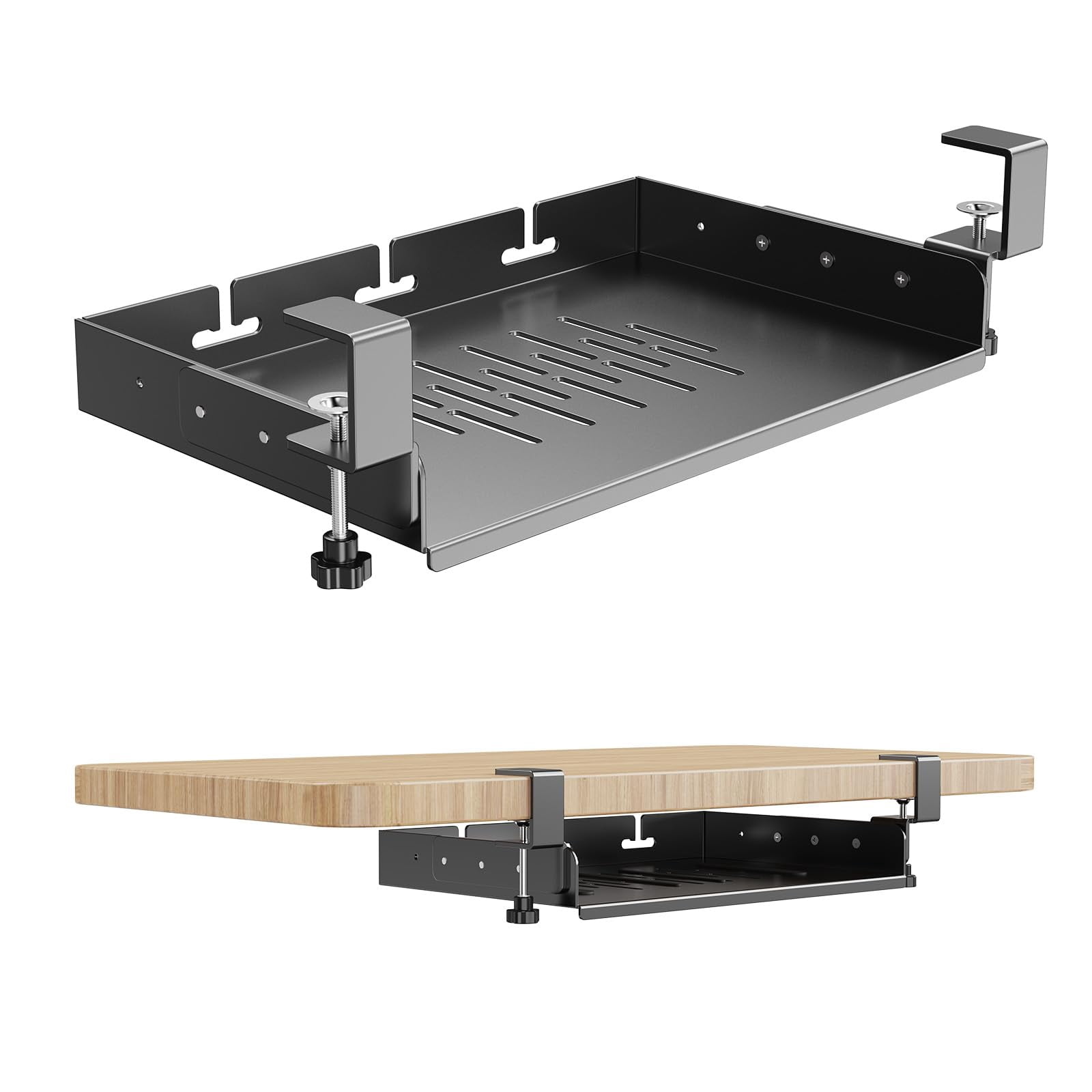No Drill Under Desk Laptop Mount  Metal Storage Shelf With Cable Management Tray For Macbook Mini Anti-scratch Silicone Fits Office Gaming Workstations