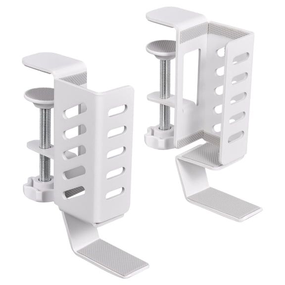 No Drill Desk Side Laptop Mount, Clamp On Notebook Holder Rack, Multi Function Headphone Backpack Hanging Organizer, Adjustable Desktop Side Storage Bracket for Workspace Space Saving,White