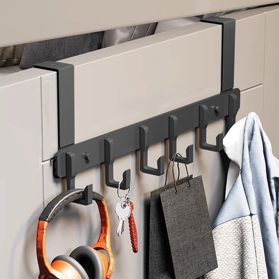 No Drill Over The Door Hook Rack with 6 Hooks,Metal Hanging Coat Towel Holder, Punch-Free Door Back Organizer for Bathroom Bedroom Closet Hat Robe Storage Gray