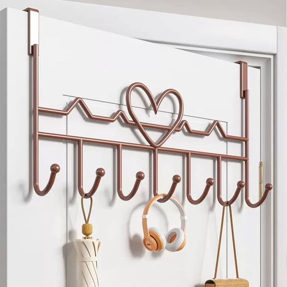 No Drill Over The Door Hook Rack, 7 Hook Door Hanger Organizer, Space Saving Coat Rack, Sturdy Metal with Smooth Surface 41x22cm, for Bedroom, Kitchen, and Entryway, Brown