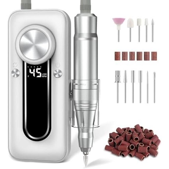 Drill Electric File Kit 45000 RPM Professional Efile Set,Cordless Portable Rechargeable Gel Polish Remover Machine Pedicure Manicure Tool for Salon White