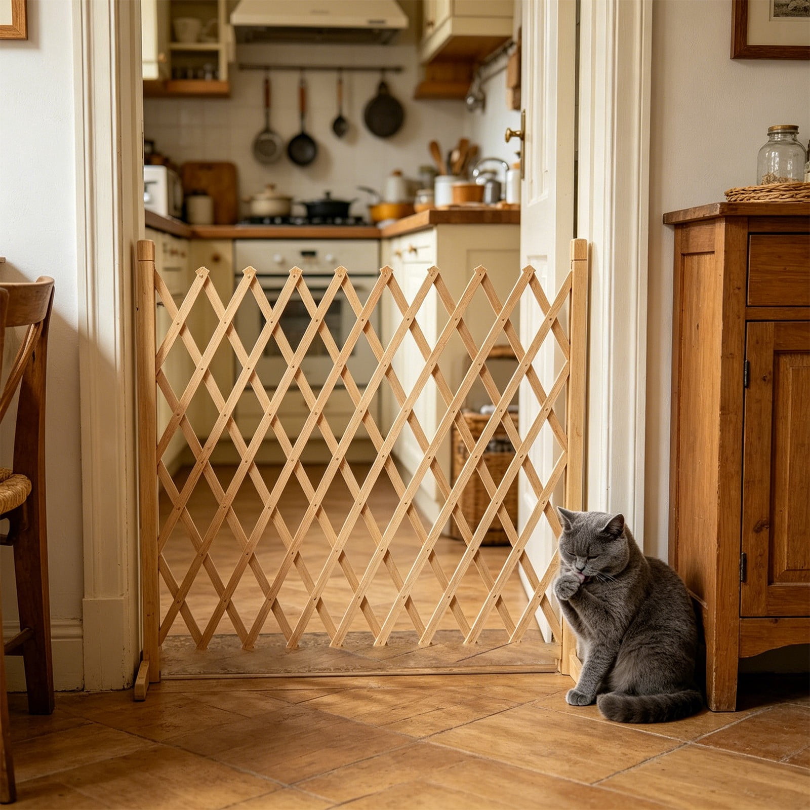 No Drill Expandable Wooden Pet Fence Home Dog Cat Safety Barrier Door Stair Gate Adjustable Antis Jumping Protection Indoor Outdoor Pet Enclosure for Puppies Kittens