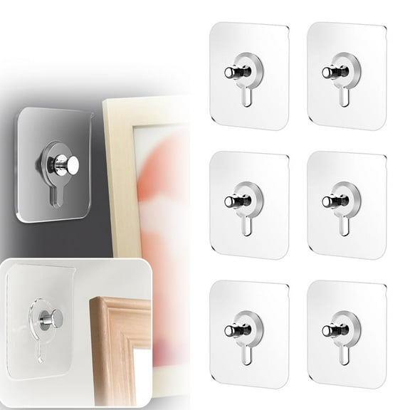 Drill Free Adhesive Hooks,Upgraded Picture Hangers Without Nails,Adhesive Wall Mount Screw Hooks for Hanging,Nail Free Wall Hangers for Kitchen, Bathroom (6 PCS, screw length 2.36 inch)