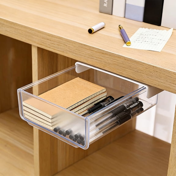 Drill-Free Under Desk Slide Out Drawer 8.27x6.89x2.56In, Adhesive Mount Hidden Design Spacious Interior Anti Slip Stable Fit, New Term Under Table Caddy for Office Desktop Small Item Storage