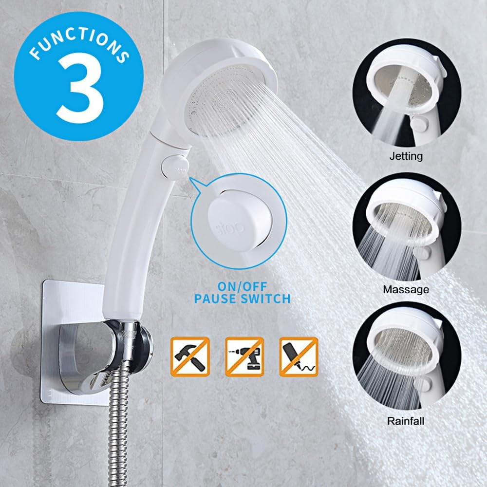 Drill-Free High Pressure Handheld Shower Head with ON/OFF Pause Switch ...