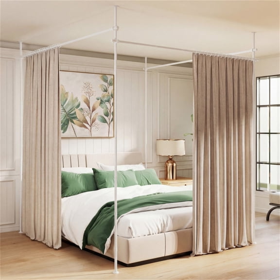 Drill-Free L-Shaped Room Divider Curtain Rod, Adjustable 28"-142"W x 4-10 ft H Heavy-Duty Partition Rod- White
