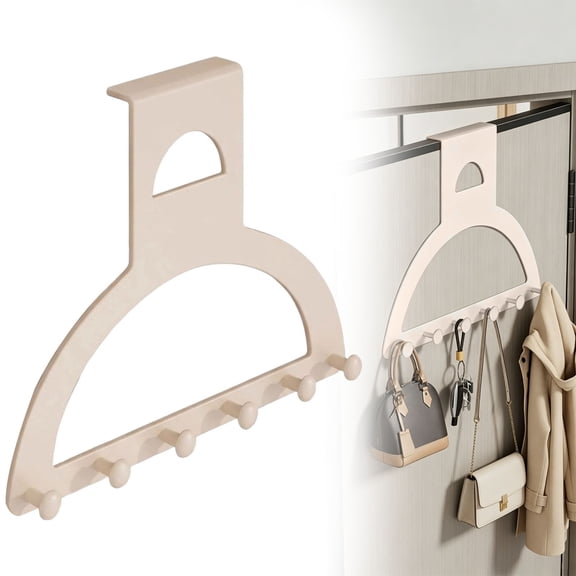 Drill-Free Over-the-Door Coat Rack with Adhesive Strips Metal Clamp, Wall-Mount Alternative for Dorms Apartments, 6 Rounded Hooks for Jackets Backpacks Purses, Space-Saver Organizer, Beige, By Harlik