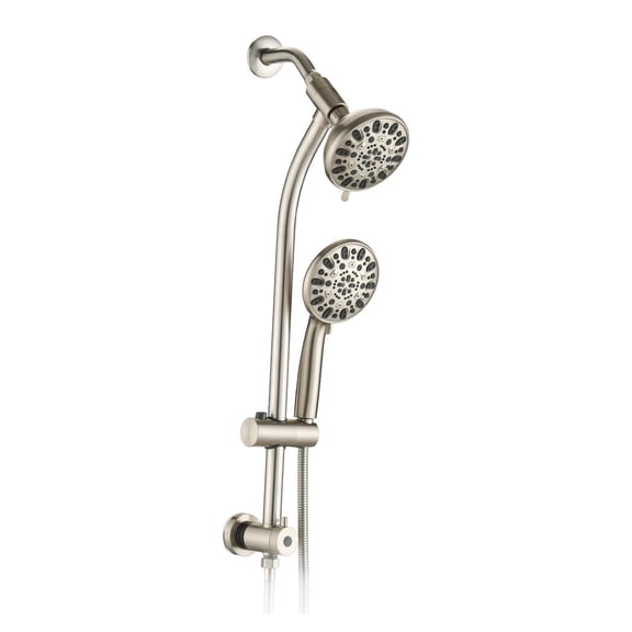 Drill-Free Shower System, Stainless Steel Slide Bar Rain Showerhead Combo 7-Setting Handheld Shower, Dual Spa System