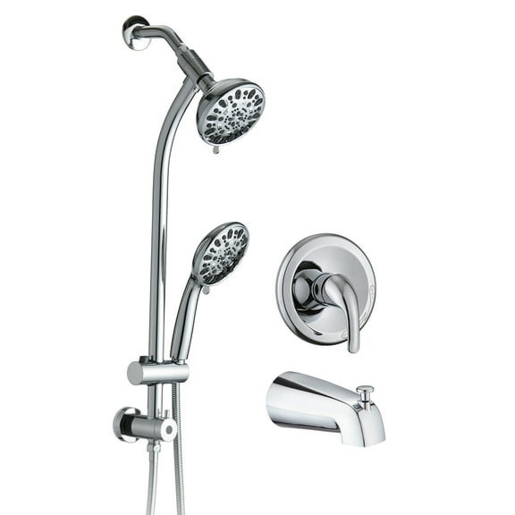 Drill-Free Stainless Steel Slide Bar Combo Rain Showerhead 7-Setting Hand, Dual Shower Head Spa System with Tup Spout (Rough-in Valve Included)