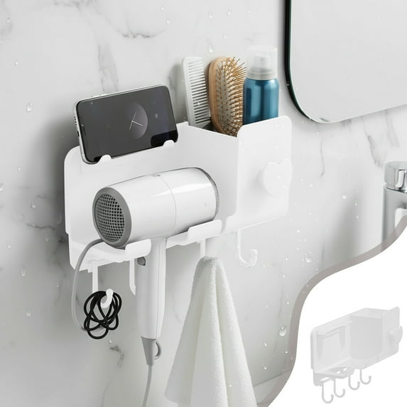 No Drill Hair Dryer Holder with Storage Bin, Wall Mounted Washroom Rack with Phone Shelf, Durable Multi Functional Organizer for Toiletries, Minimalist Pearl White, 1 Pack