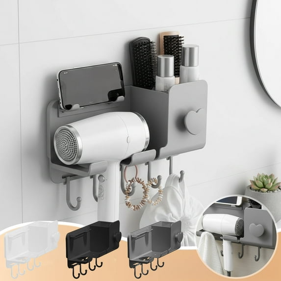 No Drill Hair Dryer Holder with Storage Bin, Wall Mounted Washroom Rack with Phone Shelf, Durable Multi Functional Organizer for Toiletries, Modern Slate Gray, 1 Pack
