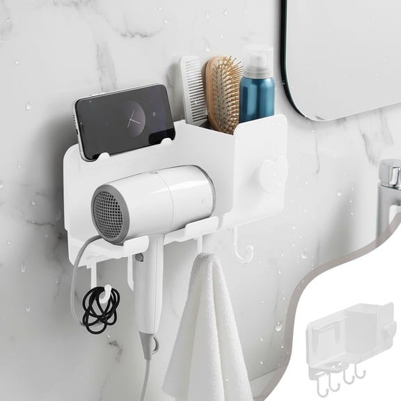No Drill Hair Dryer Wall Mount | Multifunctional Bathroom Organizer Rack | Strong Load-Bearing Plastic Support | Space-Saving with Hooks & Phone Holder | White Gray Black | 23x16x10cm