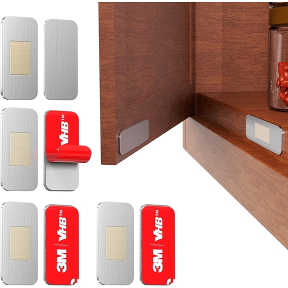 No Drill Magnetic Cabinet Door Catch with Adhesive Made of 3M Stainless Steel, Strong Hold Child Safety Lock for Kitchen Cabinets, Bathroom, RV No Screws Needed 1.57 x 0.79 4 Pack