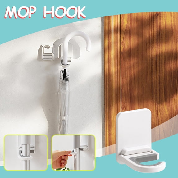 No Drill Mop Holder Wall Mount Heavy Duty Broom Holder No Hole Installation Bathroom Kitchen Storage Rack Adhesive Broom Mop Organizer with Strong Sticker 4.13x3.74 Inches White