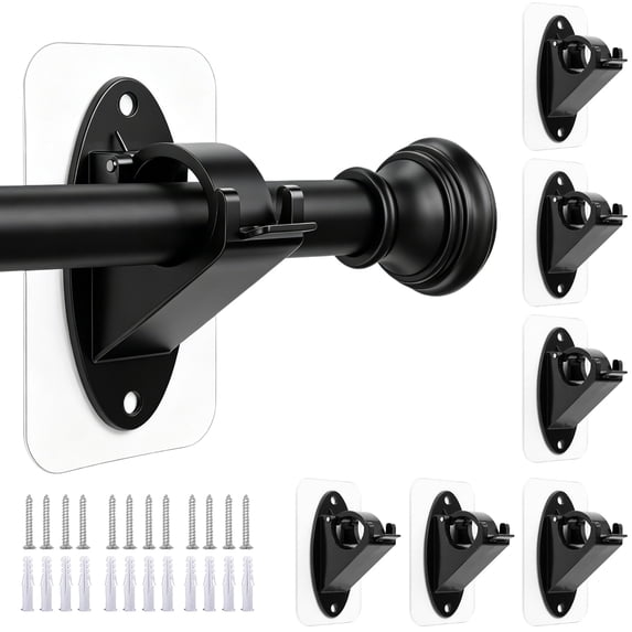 No Drill Needed Curtain Rod Holders, Self Adhesive Rod Brackets, Multipurpose Nail-Free Stick on Curtain Rod Hooks Hangers for Dorm, Kitchen, Home, Bathroom(Black,6-Pack)