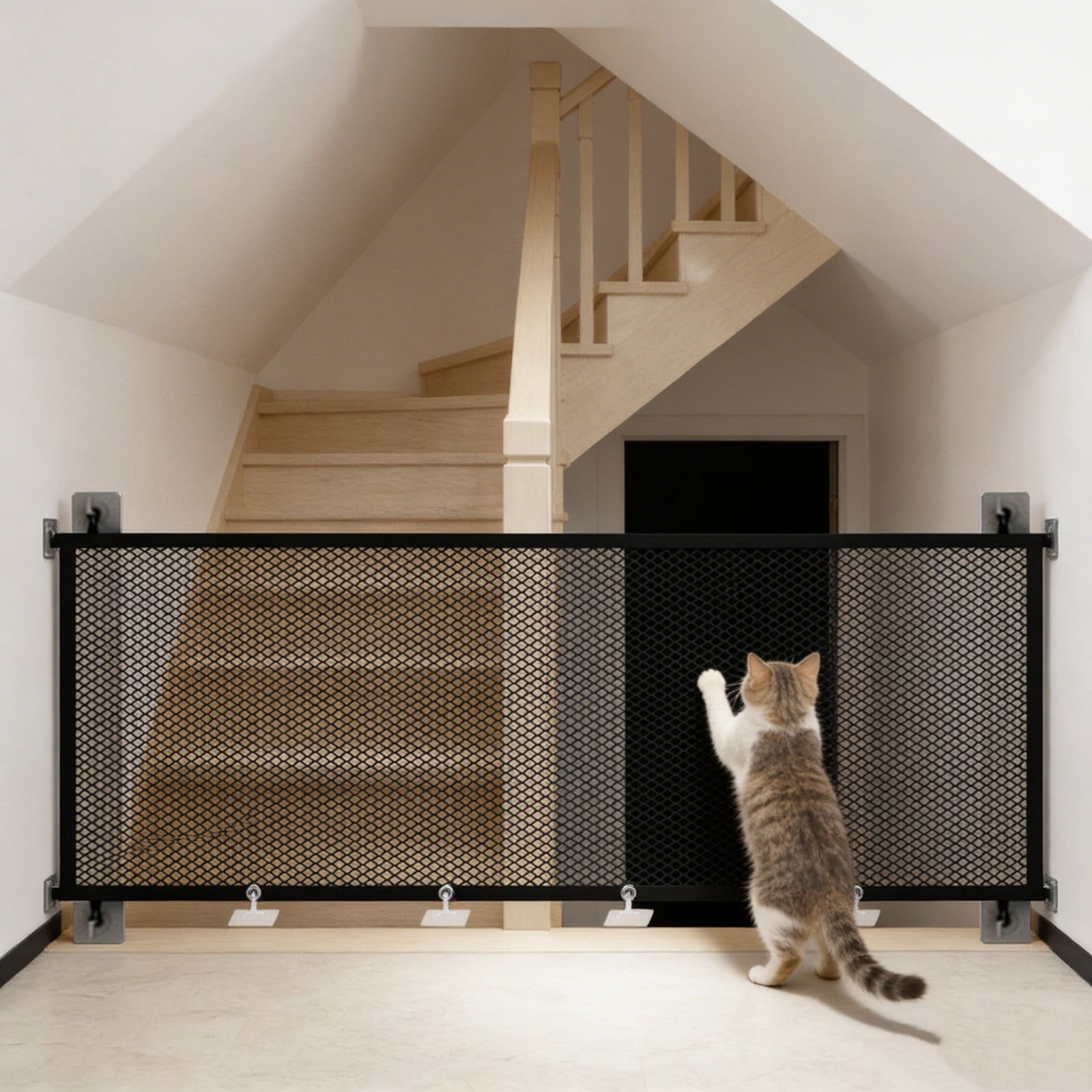 No Drill Pet Gate Black PVC Barrier with Zipper Door Foldable Design ...