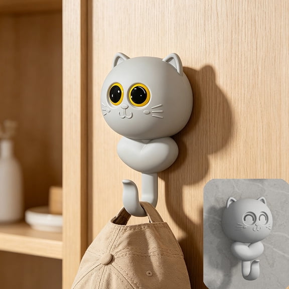 No Drill Seamless Adhesive Blink Retractable Cartoon Cat Sensor Hook, Strong Sticky Wall Mount Storage Hanging Holder, Cute Decor Hook for Kitchen Bedroom Wardrobe Small Items Key Towel Bag