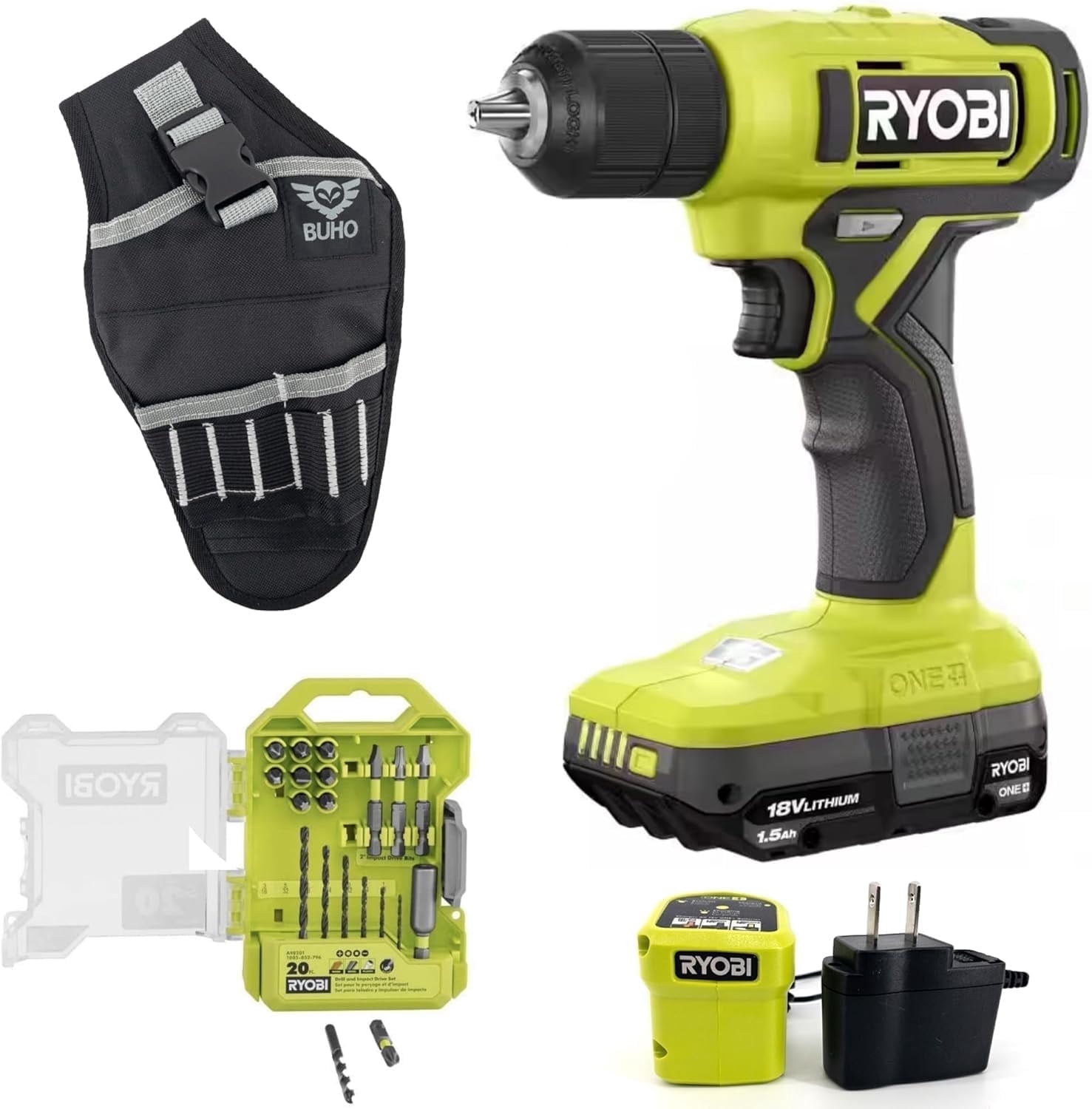 Cordless Drill Set Bundle with Ryobi 18V Drill Driver, Battery, Charger, Bit Set & BUHO Holster