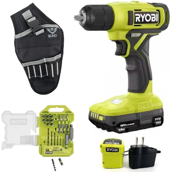 Cordless Drill Set Bundle with Ryobi 18V Drill Driver, Battery, Charger, Bit Set & BUHO Holster