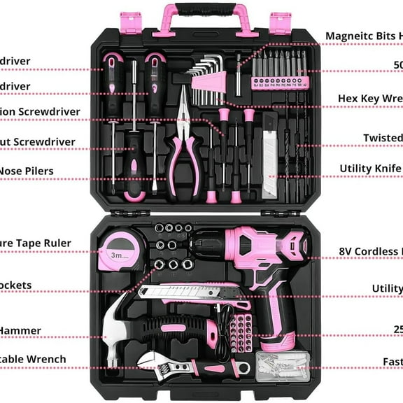 Drill Set, Home Tool Set with 8V Pink Cordless Drill, Hand Tool Kit for Women, 126 pcs