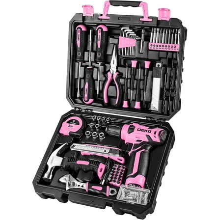 A house of tools Drill Set, Home Tool Set with 8V Pink Cordless Drill, Hand Tool Kit for Women, 126 pcs