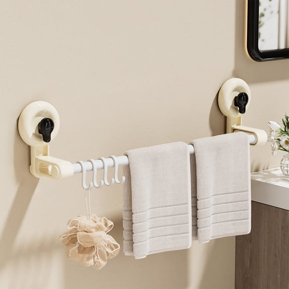 No Drill Suction Cup Towel Rack with 4 Hooks, Staron Heavy Duty Bathroom Storage Rod for Towels, Rustproof Plastic ABS Iron Bar for Fast Drying, Damage Free Mount for Tile Glass Shower Kitchen,