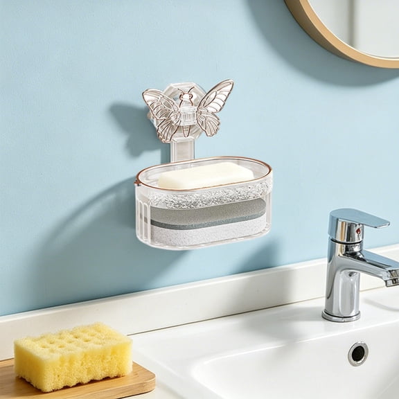 No Drill Suction Cup Wall Mount Soap Box Fast Drainage Anti Slip Plastic Soap Holder Easy Clean Storage Rack With Sponge Wipe For Bathroom Sink Shower Household Organizer