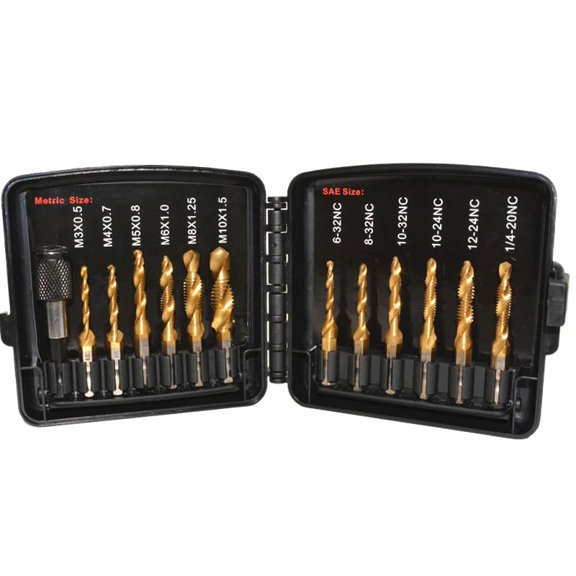 Drill Tap Set with Quick-Change Adapter of 13Pcs, 6 SAE Sizes: 6-32NC to 1/4-20NC, 6 Metric Sizes: M3 to M10, Titanium Combination Drill & Tap Bit Set for Drilling Threads, Tapping
