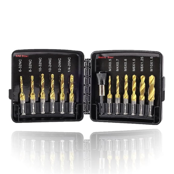 Drill Tap Set with Quick-Change Adapter of 13Pcs, 6 SAE Sizes, Metric Combination and