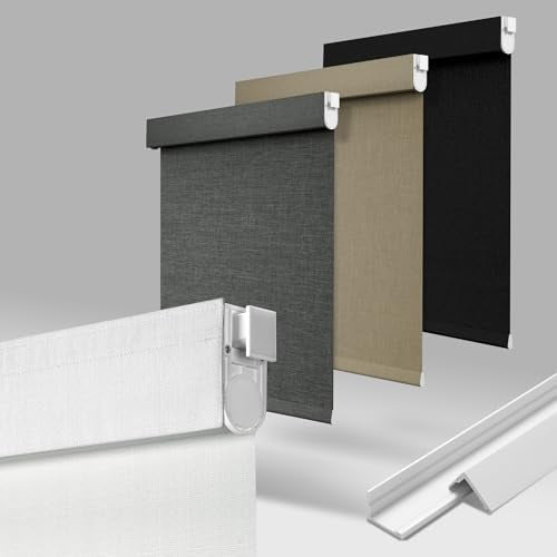 No Drill No Tools Blackout Roller Shades for Windows, Cordless Blinds with Linen Fabric-Matched, Custom Roller Blinds for Home Office Door, White, Custom Size$$Home Decor, Kitchen, & Other