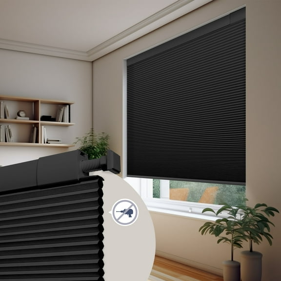 No Drill No Tools Cellular Shades Blackout Color-Matched Honeycomb Blinds Easy to Install Cordless Cellular Blinds for Windows, Blackout-Black, 30"W x 64"H