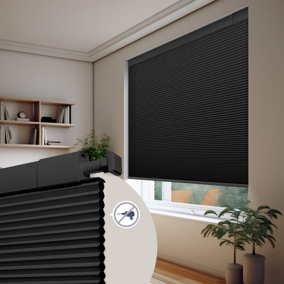 ZimJAHO No Drill No Tools Cellular ShadesBlackout Color-Matched Honeycomb Blinds Easy to Install Cordless Cellular Blinds for Windows, Blackout-Black, 53"W x 48"H