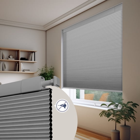 ZimJAHO No Drill No Tools Cellular ShadesBlackout Color-Matched Honeycomb Blinds Easy to Install Cordless Cellular Blinds for Windows, Blackout-Light Gray, 18"W x 64"H