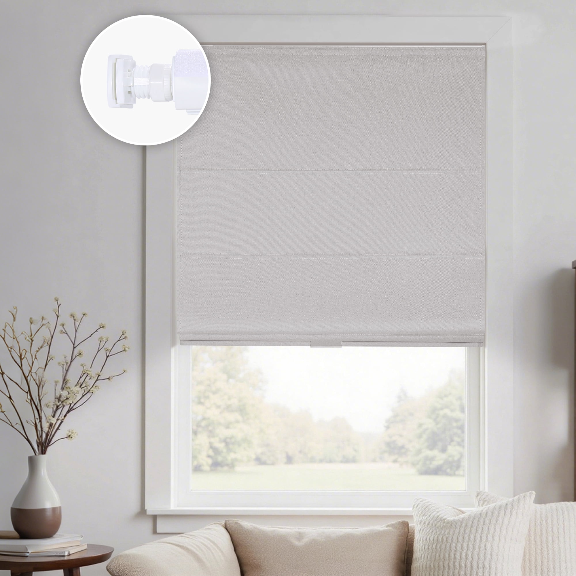 No Drill No Tools Cordless Roman Shades for Window,Room Darkening Easy Install Linen Fabric Blackout Roll Up Roman Blinds Window Blinds Inside Mount 23" W x 60" H Grayish White