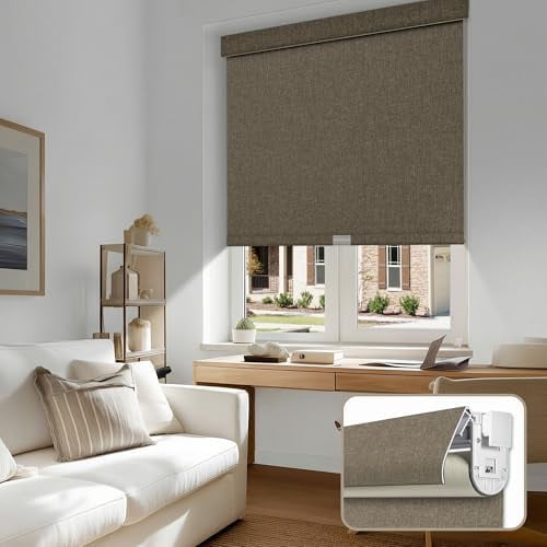 No Drill No Tools Roller Shades, Blackout Roller Blinds for Indoor Windows, Linen Fabric Thermal Insulation, UV & Privacy Protection, Cordless Shades for Home,Blackout Brown,62" W x 36" H