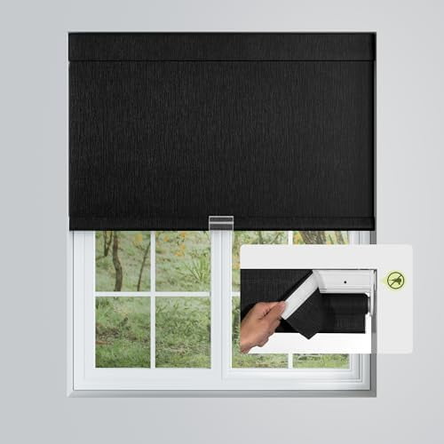 No Drill No Tools Roller Shades for Windows, Cordless Blackout Jacquard Fabric-Matched Roller Blinds, Custom Easy to Install Roll Up Blinds for Home Office, Black, Custom Size