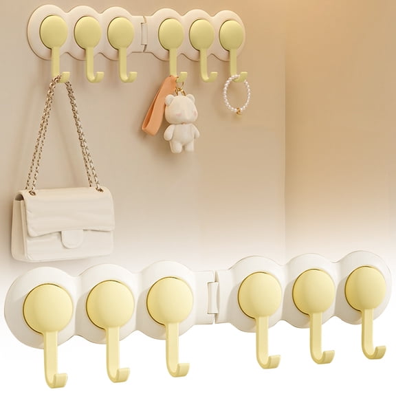 No Drill Wall Hooks - 32 cm (12.6 in) Corner Foldable Adhesive Hangers, Modern Yellow Multi Hook Rack for Kitchen, Shower, Bedroom, Dorm, Towel, Coat, Key Storage