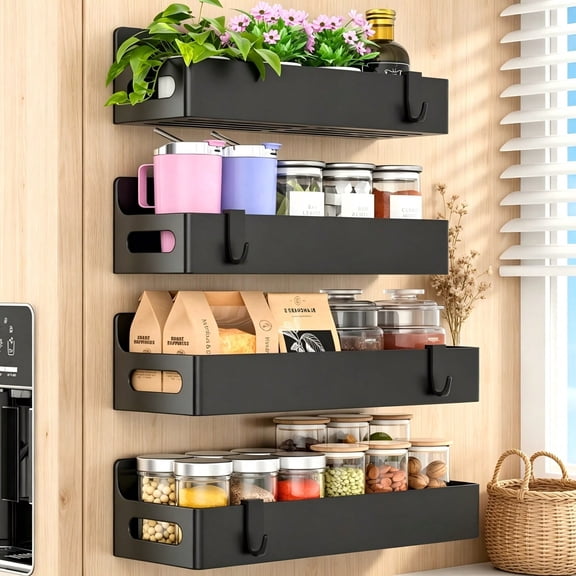 No Drill Wall Mount Spice Rack, Black Metal Floating Storage Shelf with Side Hooks, Multi-Purpose Hanging Organizer for Kitchen Pantry Bathroom Cabinet Seasoning Cup Plant Storage