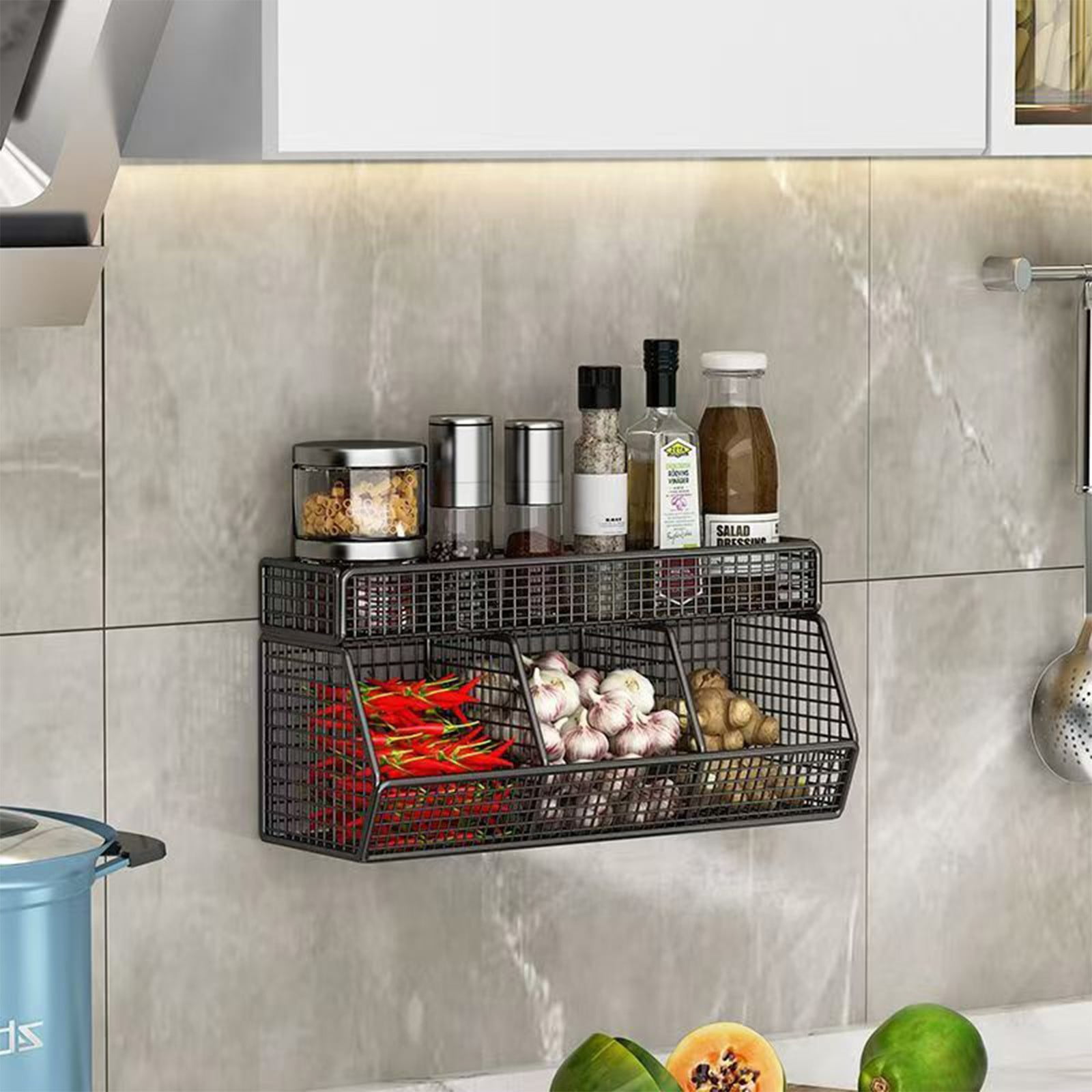 No Drill Wall Mounted Basket, 3 Tier Kitchen Organizer with Spice Shelf ...