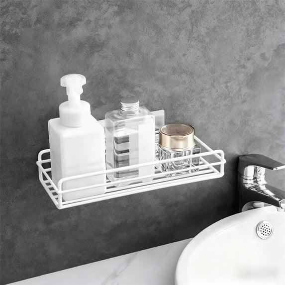 No Drill Wall Mounted Shelf, Adhesive Bathroom Organizer with Strong Hooks, Rectangular Metal Storage Rack for Toiletries Shower and Kitchen, Space Saving Multipurpose Shelf for Renters