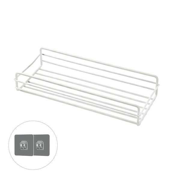No Drill Wall Mounted Shelf, Rectangular Metal Storage Rack Organizer for Bathroom & Kitchen, Adhesive Hooks Included, Space Saving, Black or White, 1 Pack