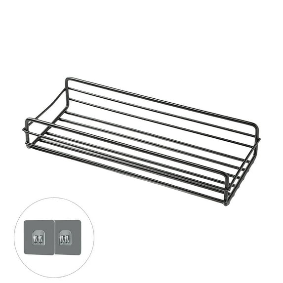 No Drill Wall Mounted Shelf, Rectangular Metal Storage Rack Organizer for Bathroom & Kitchen, Adhesive Hooks Included, Space Saving, Black or White, 1 Pack
